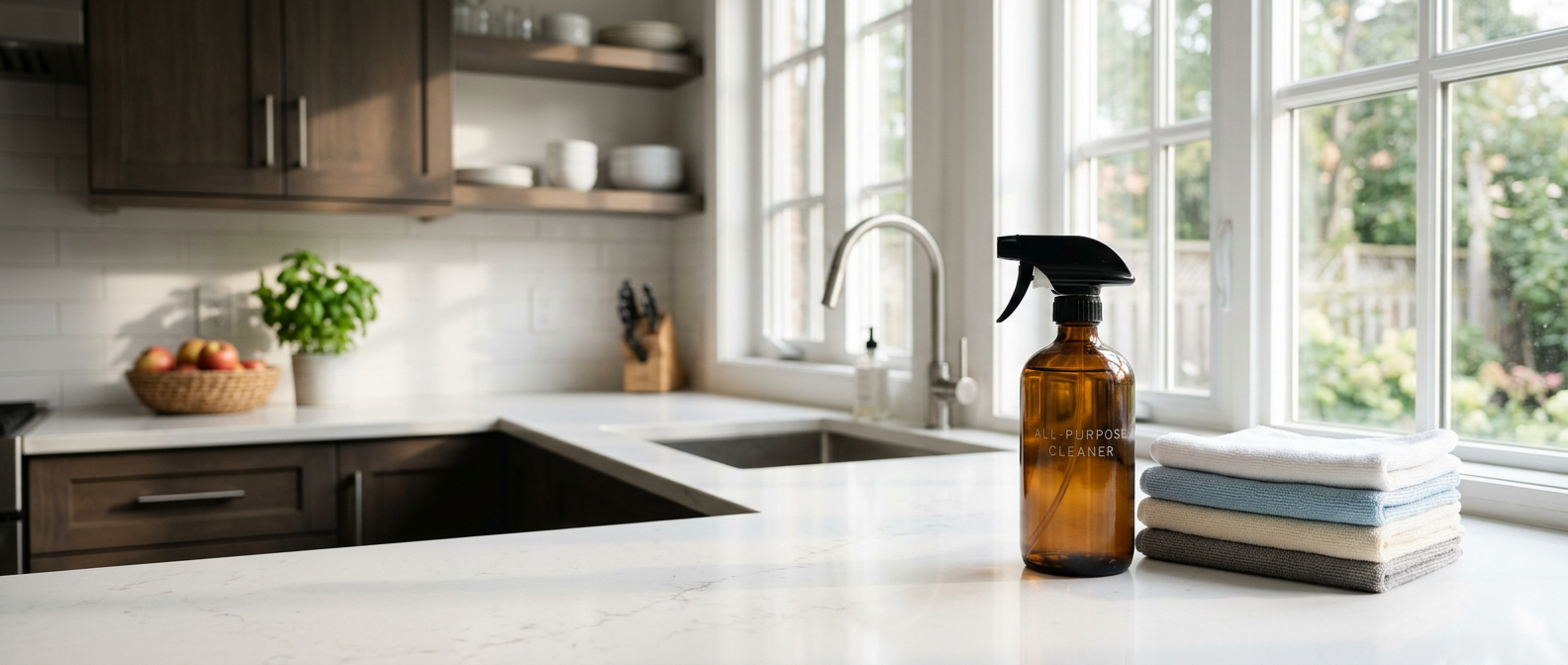Amber all-purpose cleaner bottle and stacked microfiber cloths on a sunlit white quartz kitchen countertop