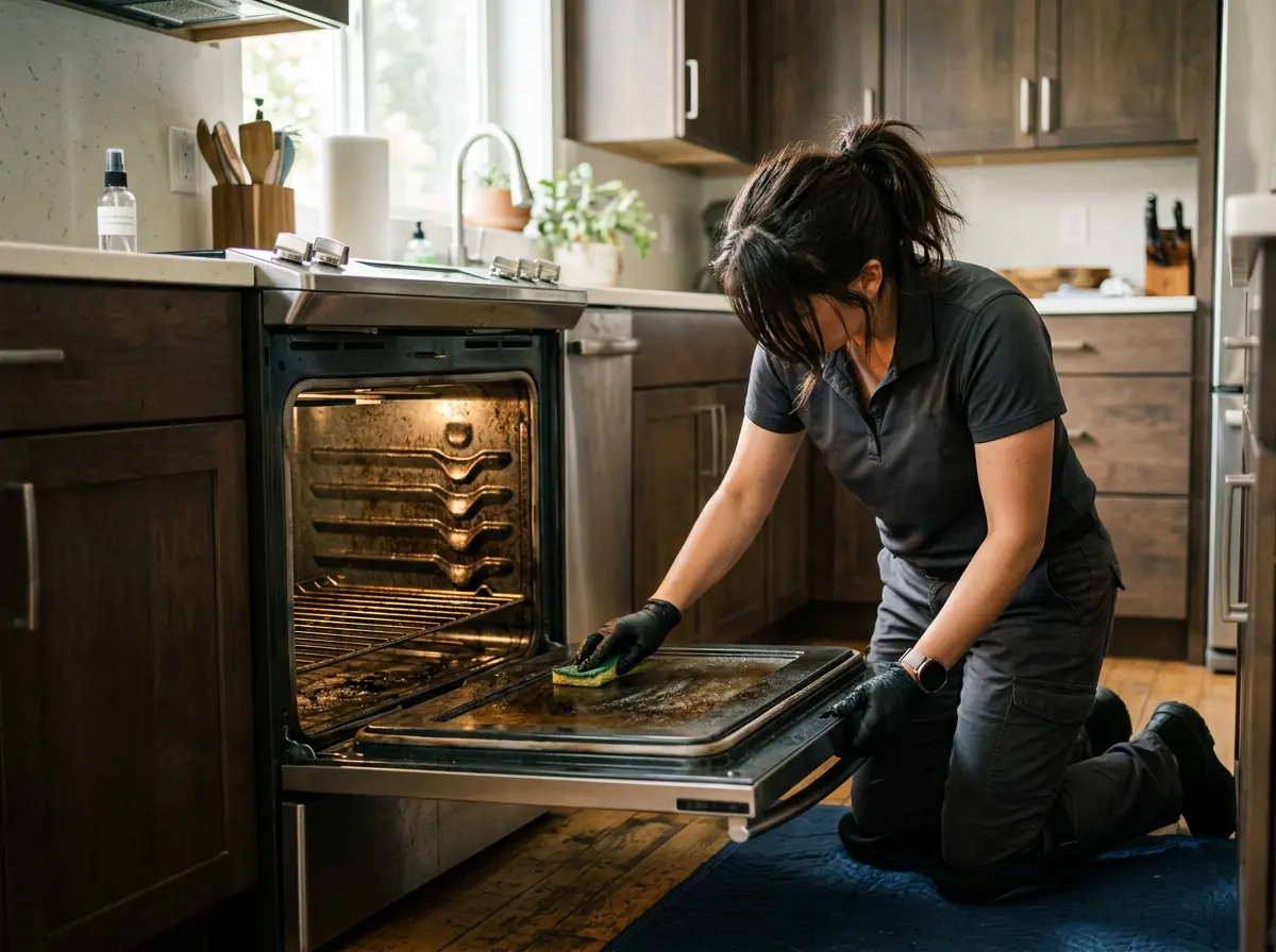 Cleaning technician kneeling to scrub baked-on grease from an open stainless steel oven during a residential deep clean