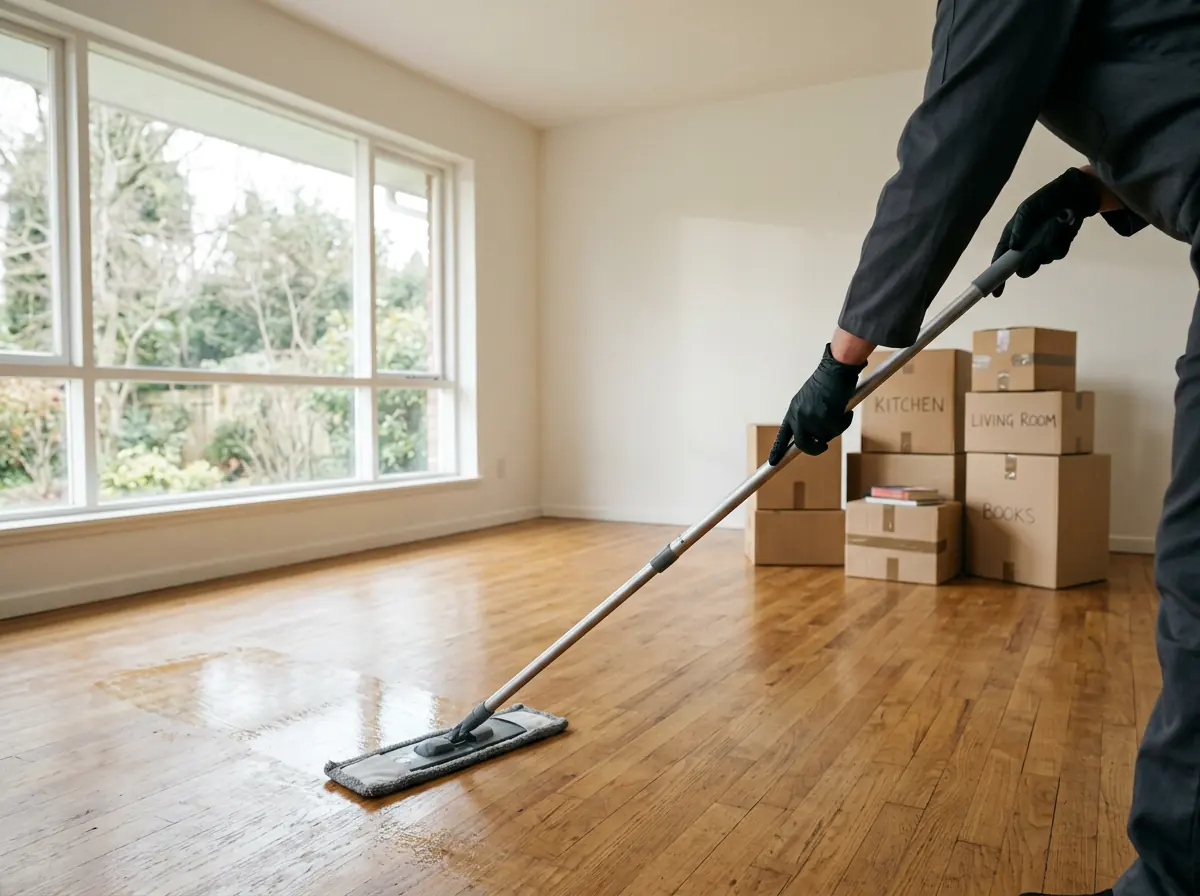 Cleaner damp-mopping the hardwood floor of an empty living room stacked with moving boxes for a move-out turnover