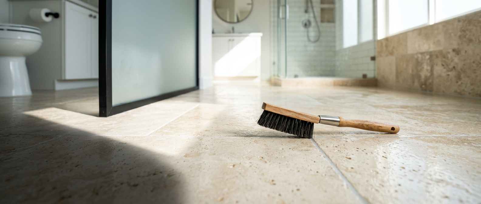 Wooden detail scrub brush on spotless travertine tile flooring in a sunlit, freshly cleaned bathroom