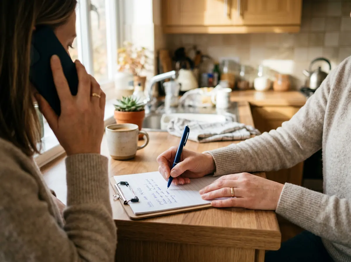 Homeowner on the phone taking notes on a clipboard at a sunlit kitchen counter while requesting a cleaning quote