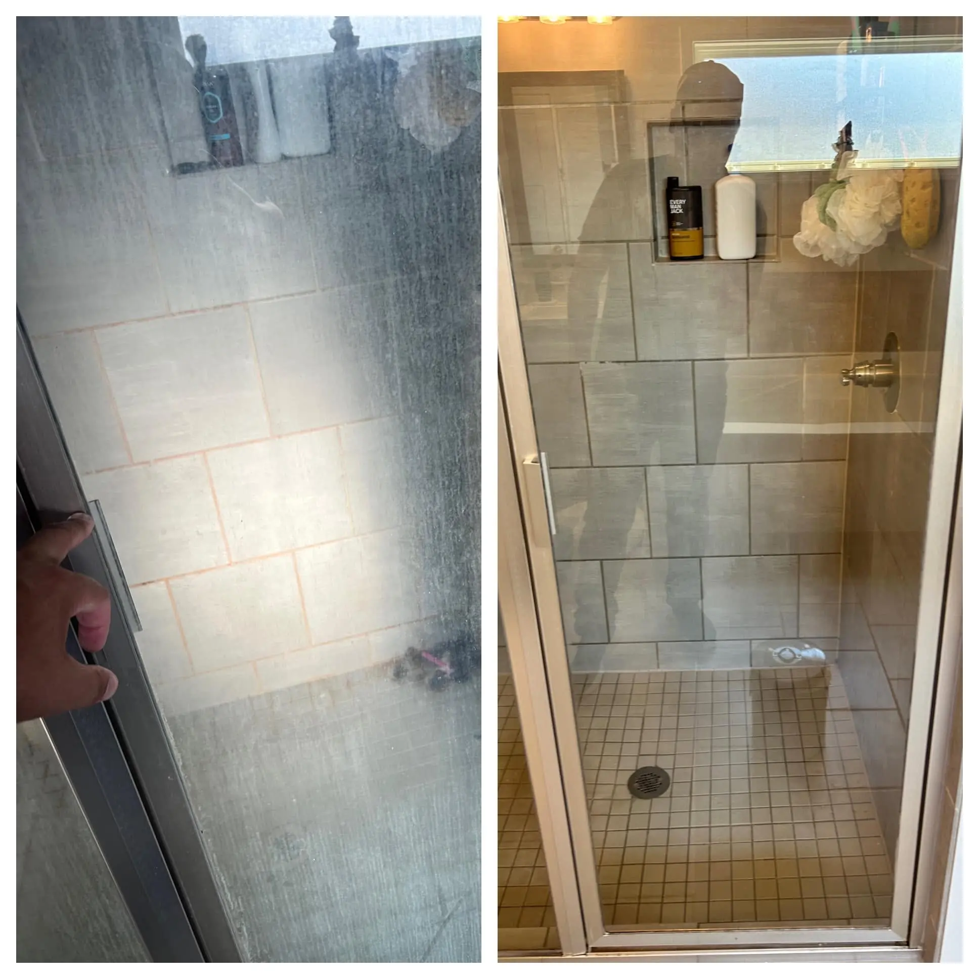 Glass shower door and tiled shower stall shown before and after a Fresh As A Daisy deep cleaning