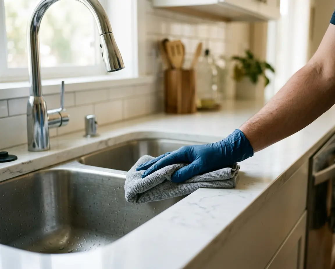 Gloved hand wiping a white quartz kitchen countertop with a folded microfiber cloth beside a stainless steel sink