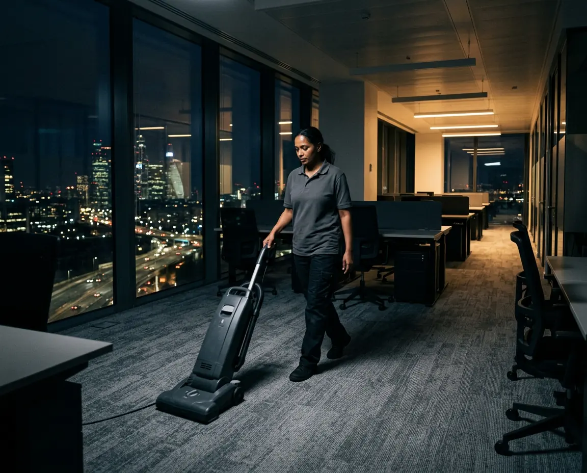 Uniformed cleaner vacuuming an empty office floor late at night with city lights beyond the windows