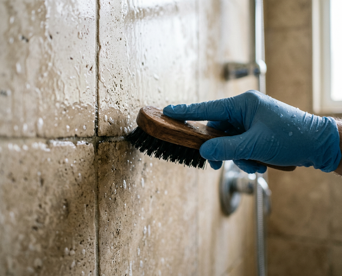 Gloved hand scrubbing travertine tile shower grout lines with a stiff-bristle detail grout brush