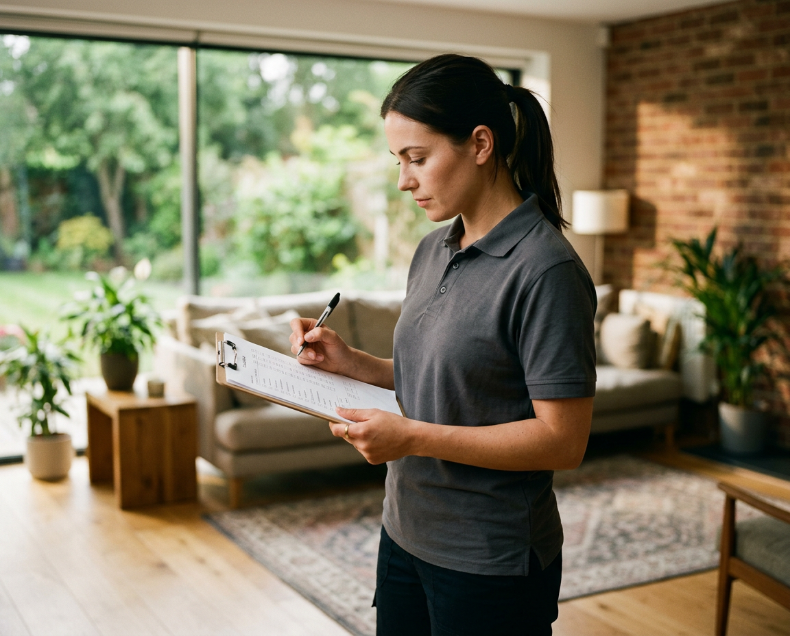 Professional cleaner in a charcoal uniform reviewing a printed cleaning checklist on a clipboard in a sunlit living room