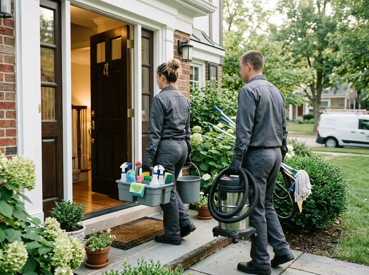 Two uniformed cleaners carrying a supply caddy and commercial vacuum through a residential front door on arrival