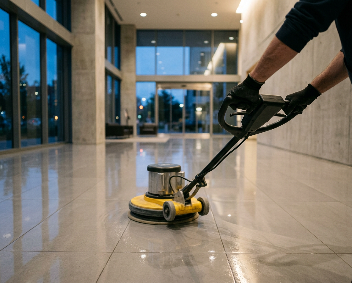 Gloved cleaner running a commercial floor buffer polisher across polished tile flooring in an empty office lobby