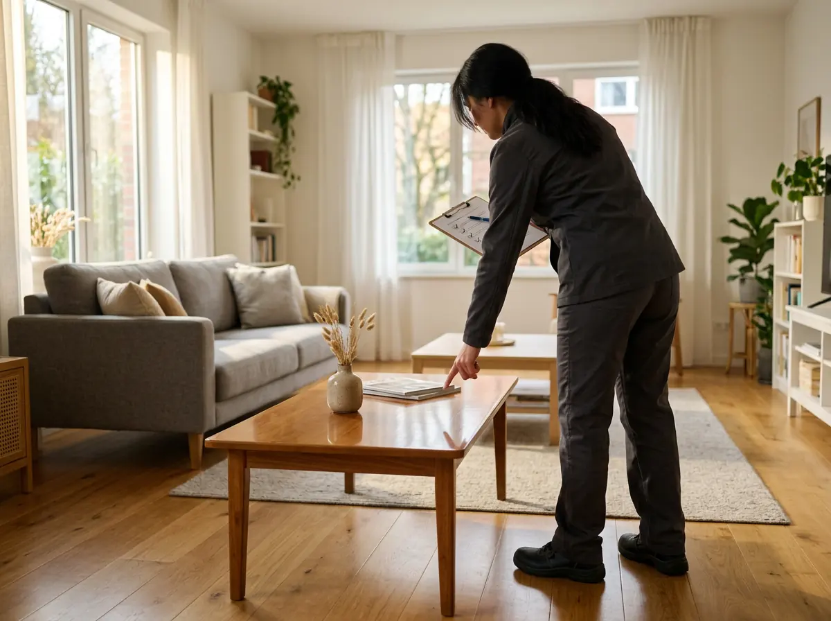 Cleaning professional performing a final walkthrough with a checklist in a spotless, freshly cleaned living room