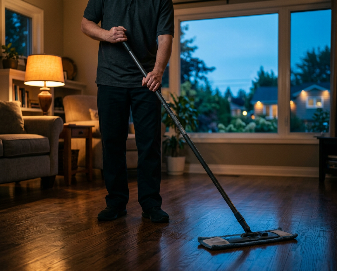 Uniformed cleaner mopping a hardwood living room floor with a flat microfiber mop during an evening appointment