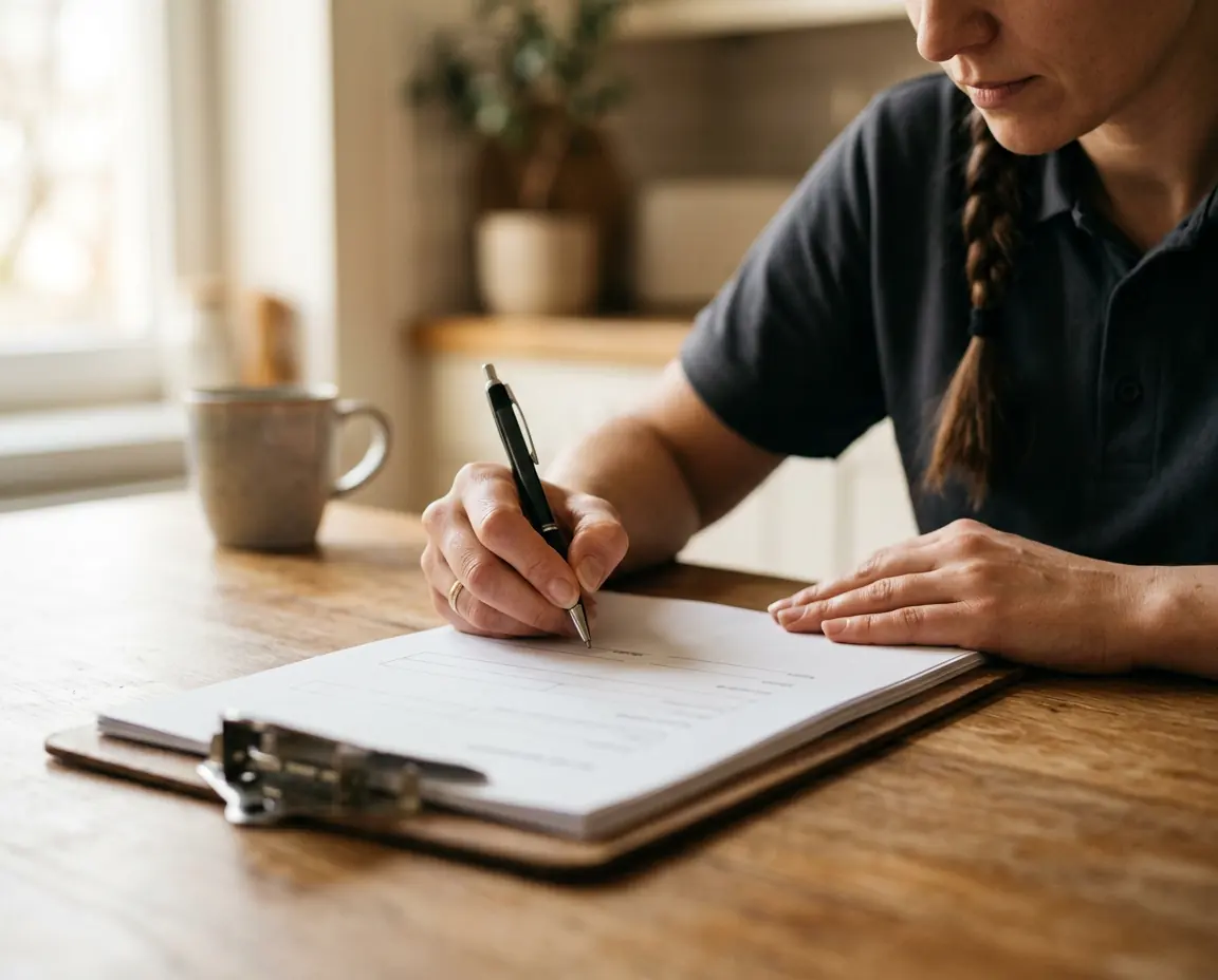 Uniformed cleaning professional signing a flat-rate service agreement on a clipboard at a kitchen table