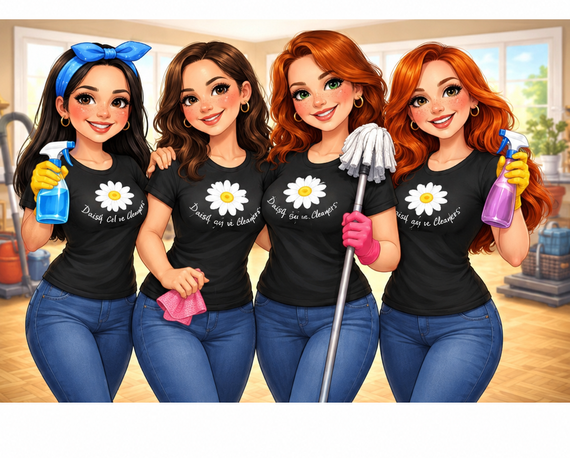 Illustrated Fresh As A Daisy cleaning crew of four smiling professionals in black daisy-logo tees with spray bottles, a mop and cleaning cloths in a bright home interior