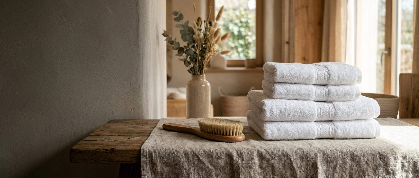 Stack of freshly laundered white towels beside a wooden natural-bristle brush on a linen-draped table in soft daylight