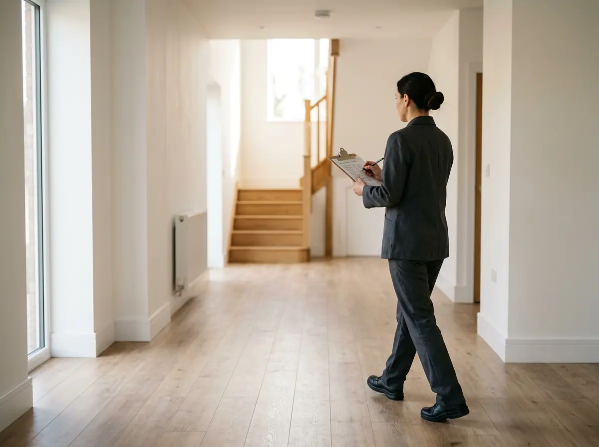 Cleaning supervisor walking an empty hallway with a clipboard to measure square footage for a flat-rate estimate