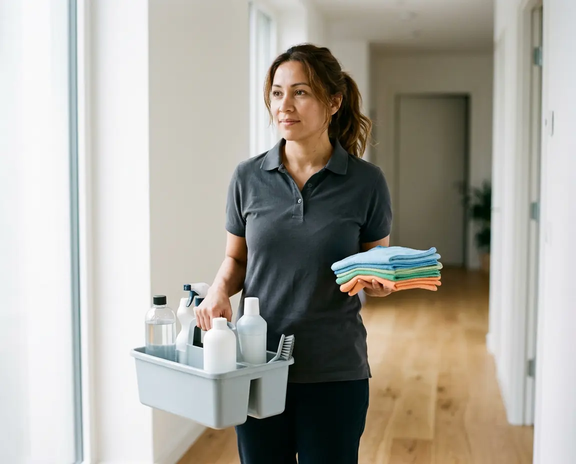 Uniformed cleaner carrying a caddy of unbranded cleaning products and a stack of folded microfiber cloths down a bright hallway