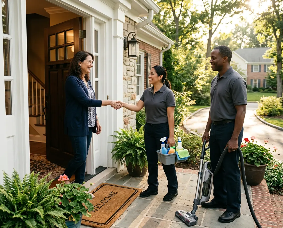 Two uniformed cleaning professionals greeting a homeowner at her front door with a supply caddy and vacuum