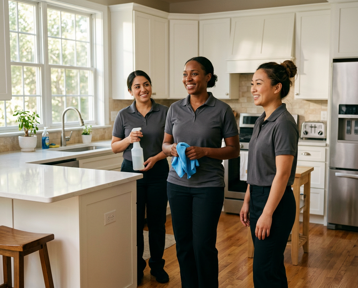 Team of three uniformed cleaning professionals with a spray bottle and microfiber cloth in a bright residential kitchen