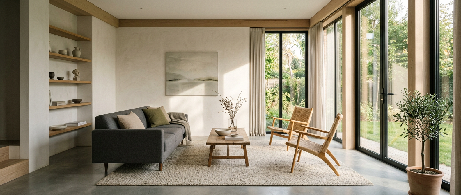 Calm, spotless sunlit minimalist living room interior after a professional cleaning visit