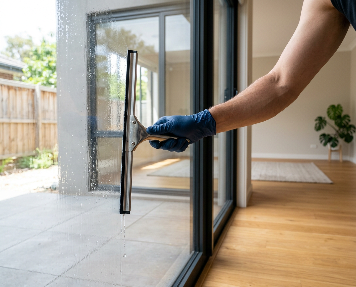 Gloved cleaner pulling a professional rubber squeegee down a large glass patio door for a streak-free finish