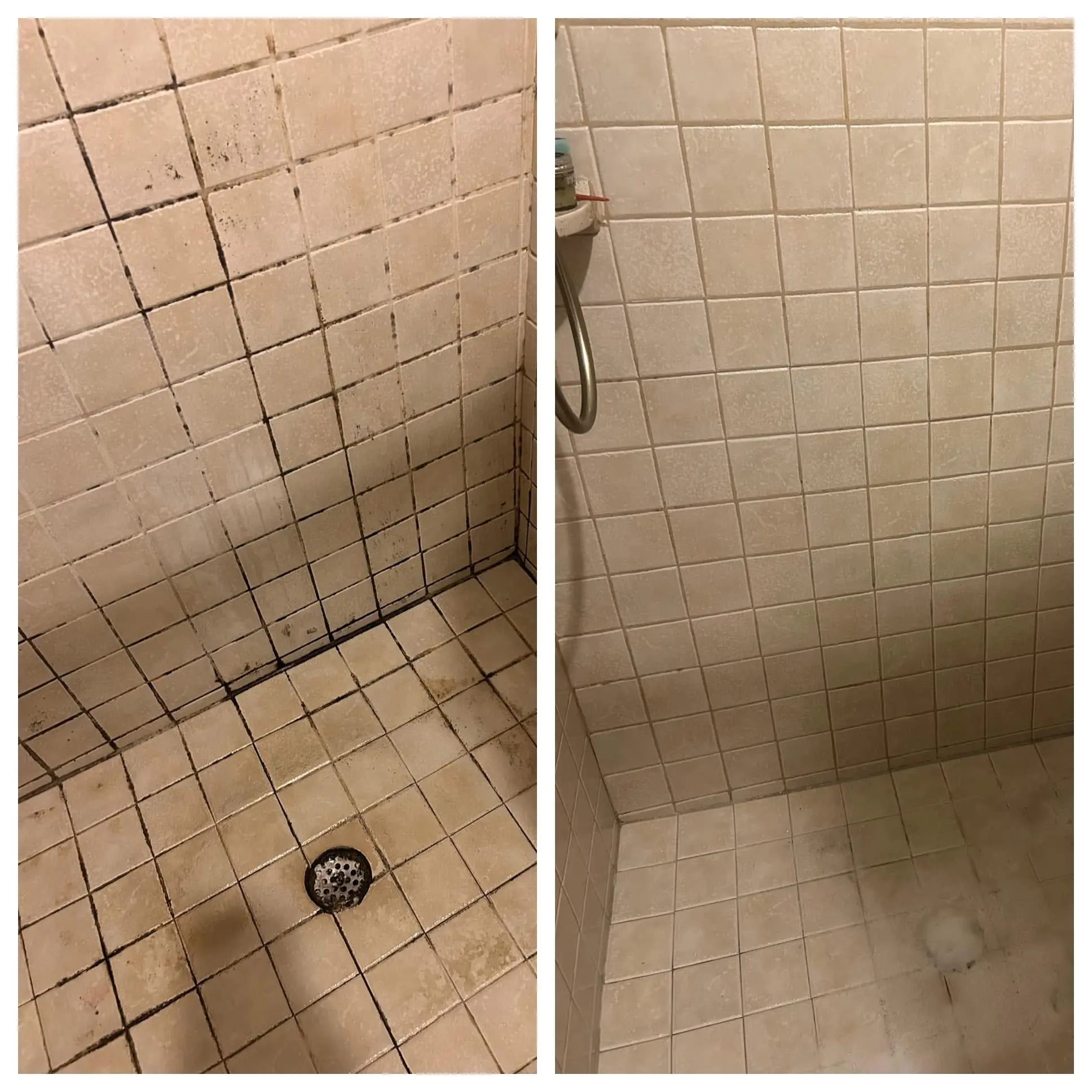 Tile shower grout lines before and after a professional deep clean removing soap scum and mildew