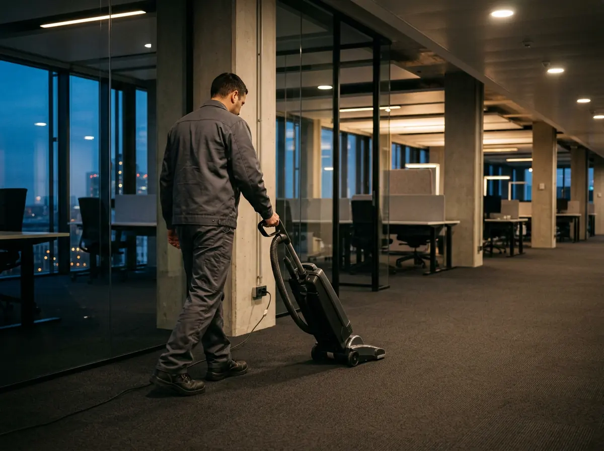 Janitorial professional vacuuming the carpet of a modern empty open-plan office after business hours